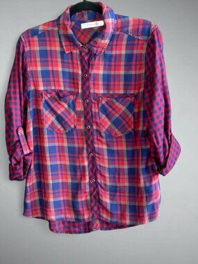 Billy T Plaid Patchwork Red Blue Button Front Shirt Lyocell Size Small